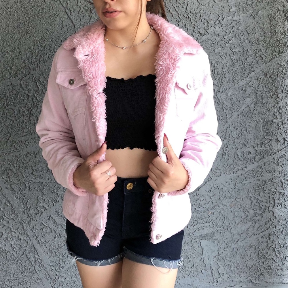 Pink Corduroy Jacket With Fur